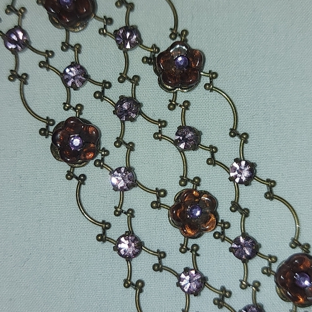 Vintage Purple Stone Flower and Rhinestone Filigree Chain Bracelet - Picture 6 of 7